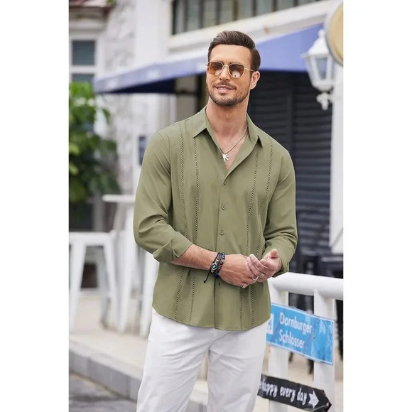 ❤️Mens Green Cuban Shirt Casual Button Down Shirts Long Sleeve Beach  Shirts - Picture 3 of 7